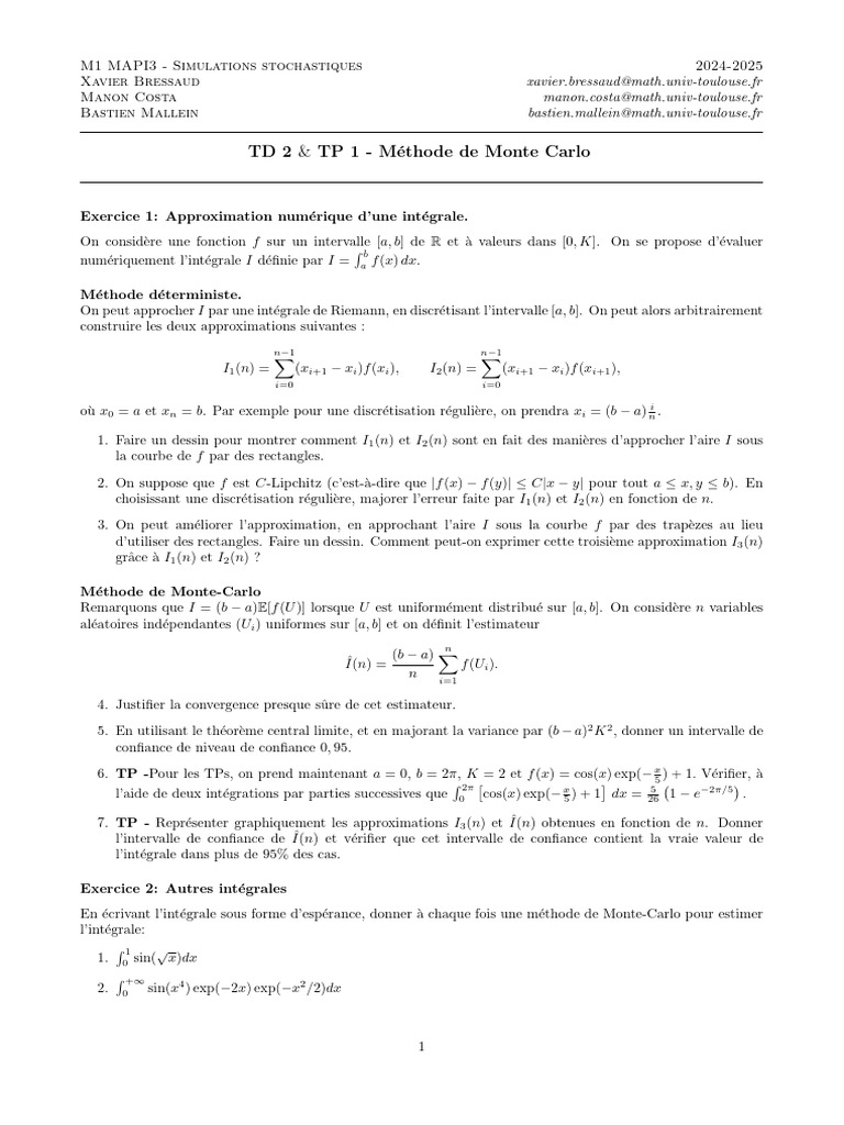 TD2 TP 1 - M Ethode de Monte Carlo: F A, B, K I I F X DX | PDF