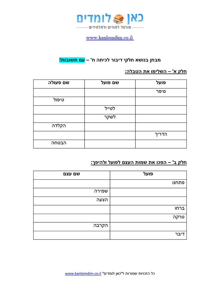 מבחן בעברית חלקי דיבור כיתה ח | PDF