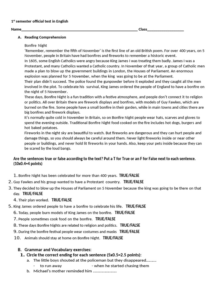 1st Semester Official Test in English - C Class | PDF
