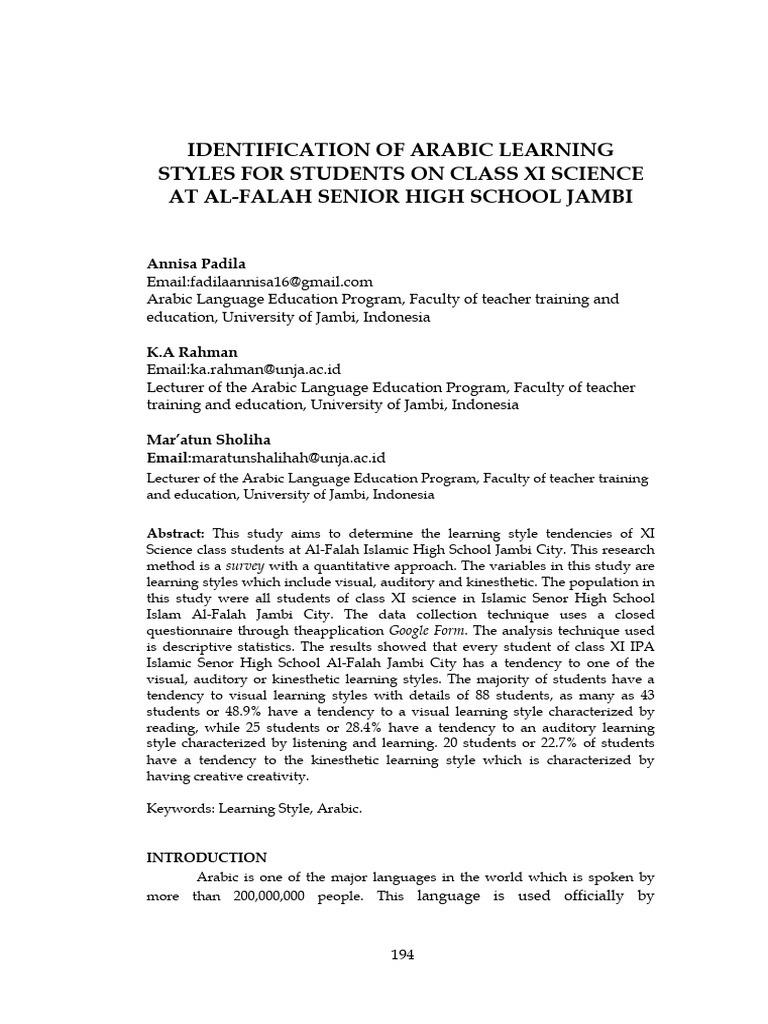 Arabic Learning Styles in Muslim Students | PDF | Learning Styles ...
