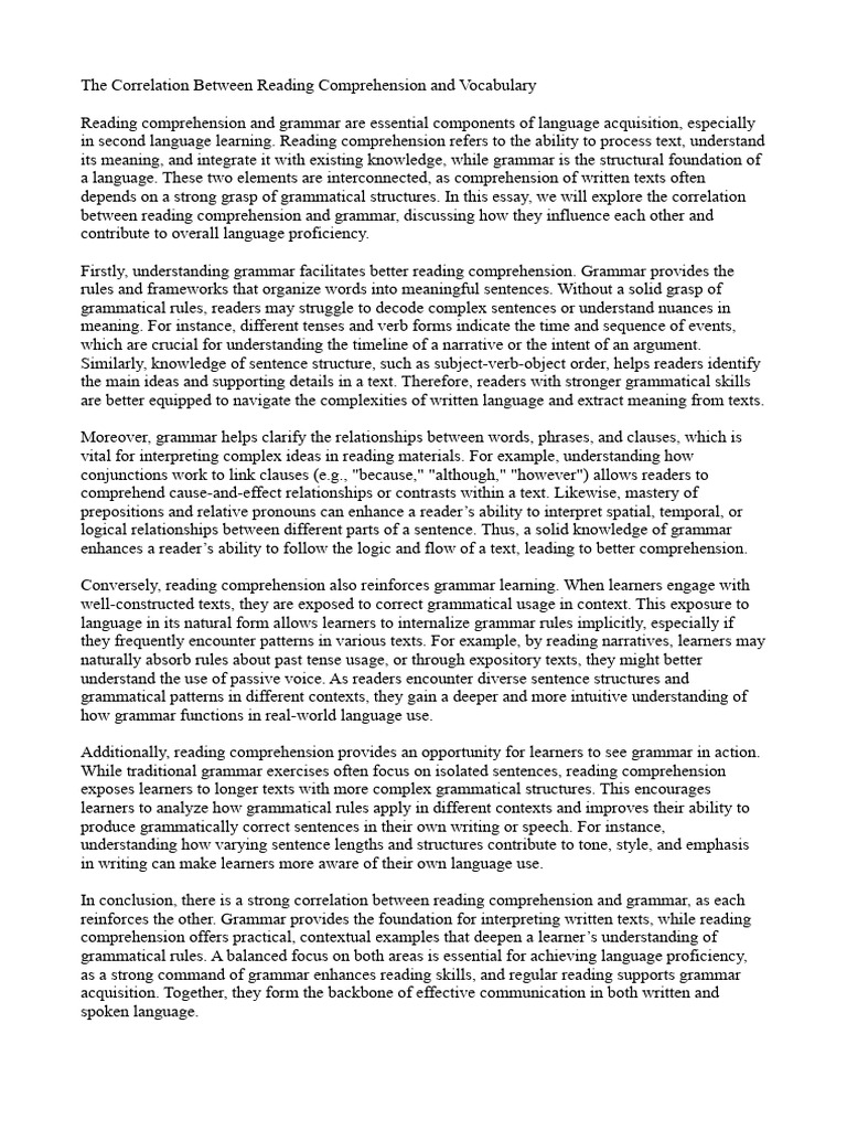 The Correlation Between Reading Comprehension and Vocabulary | PDF