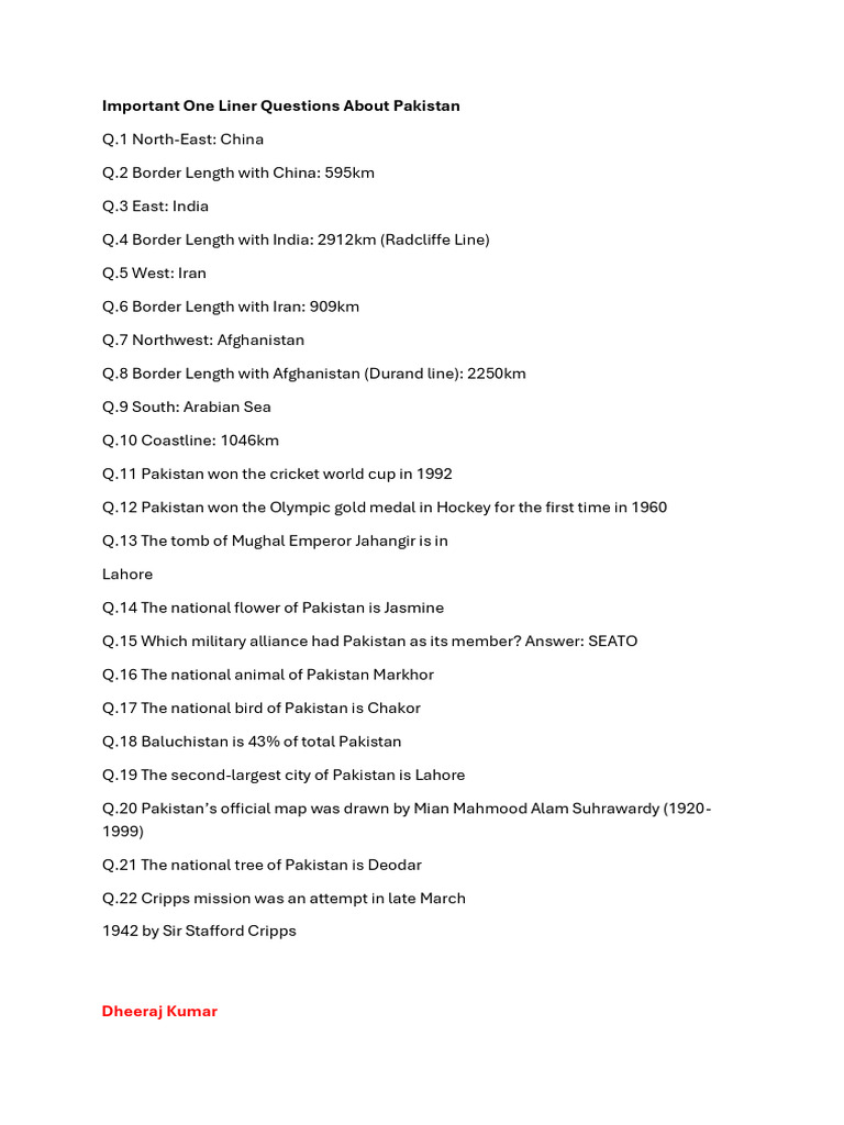 Questions About Pakistan With Answers