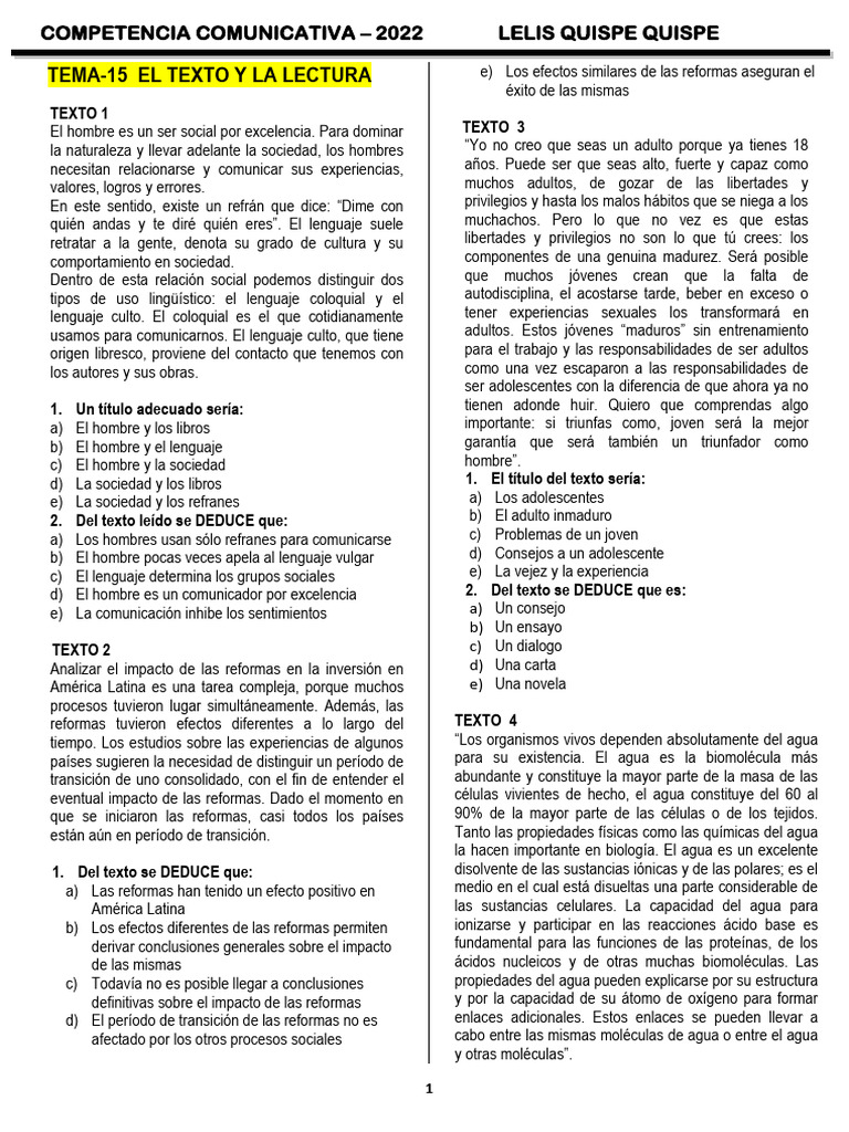 15 El Texto y La Lectura - Preguntas 2022 | PDF