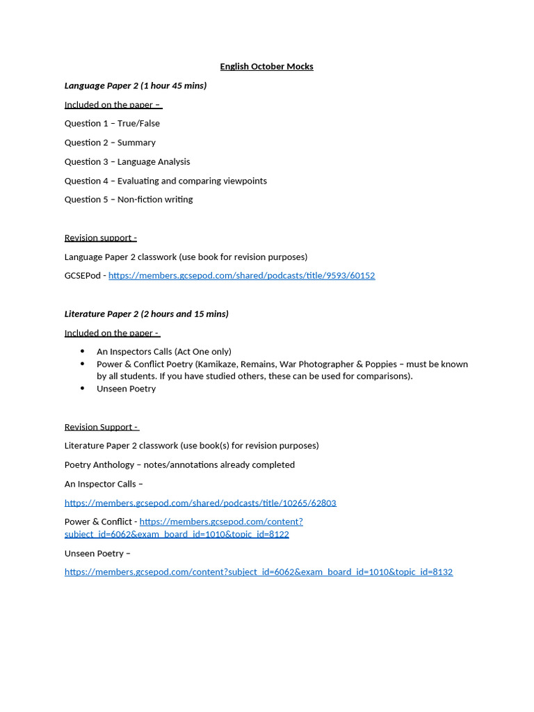 GCSE English October Mock Exam Guide | PDF