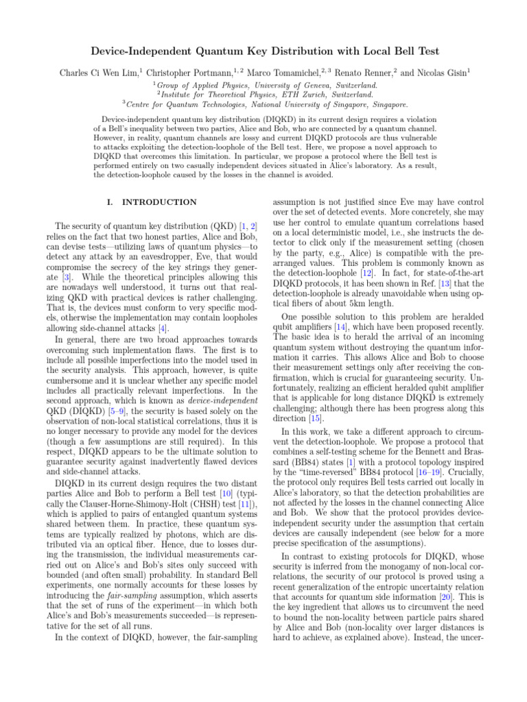 Device-Independent Quantum Key Distribution With Local Bell Test | PDF
