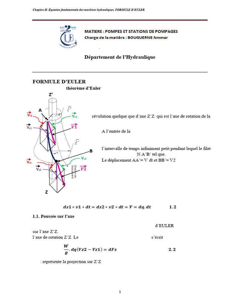 Chapitre ii equation fondamentale des machines hydrauliques formule