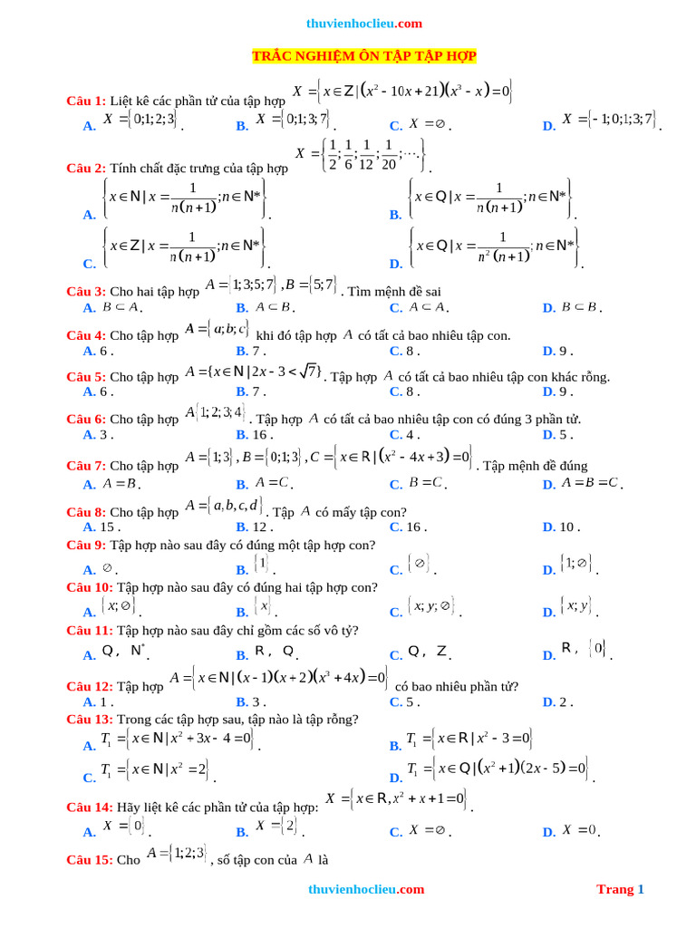Trac Nghiem On Tap Tap Hop | PDF