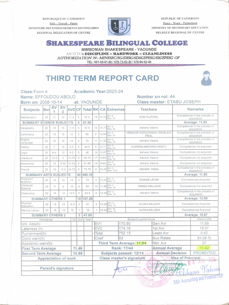 Third Term Report Card: Shakespeare Bilingual College | PDF