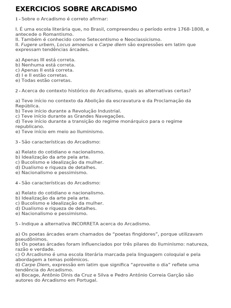 Exercicios Sobre Arcadismo | PDF | Historia | Clásicos