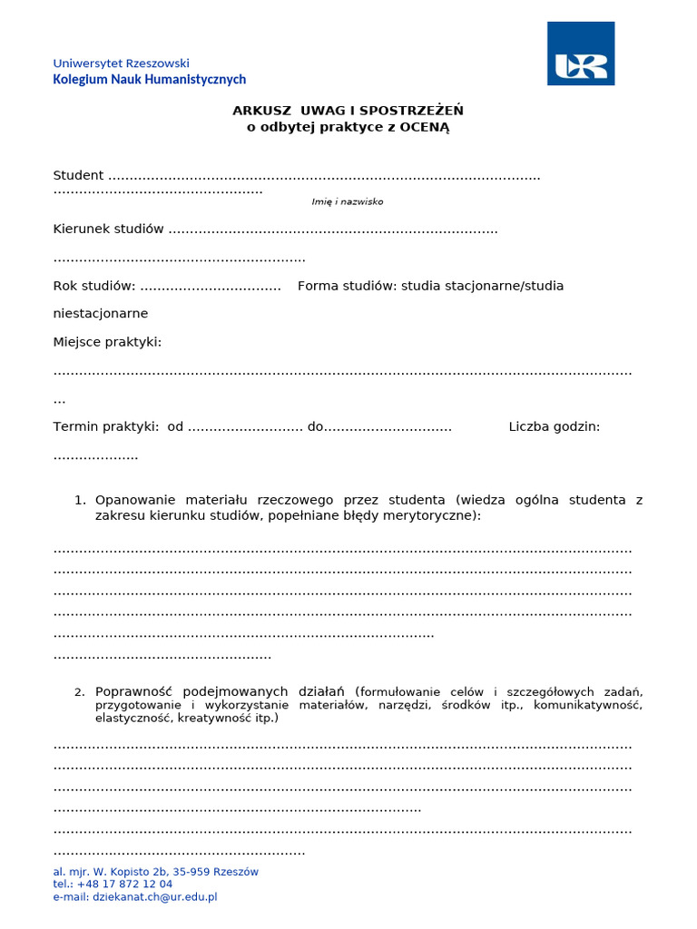 Załącznik 2. Arkusz Uwag I Spostrzeżeń o Odbytej Praktyce | PDF
