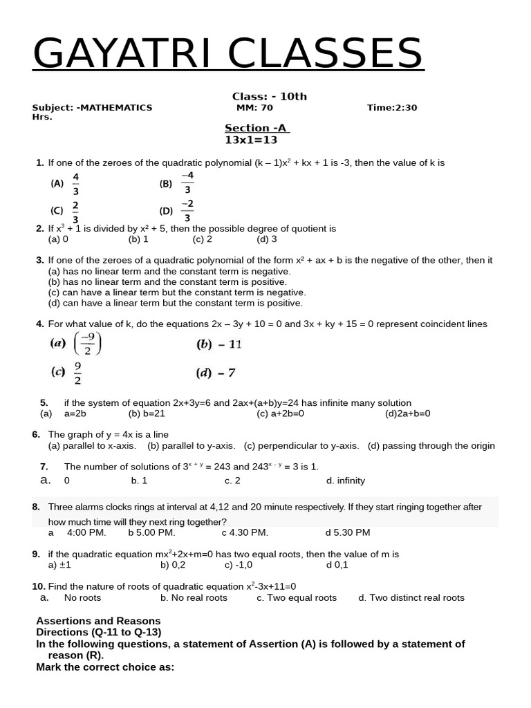Class 10 Math Exam Paper | PDF | Polynomial | Zero Of A Function
