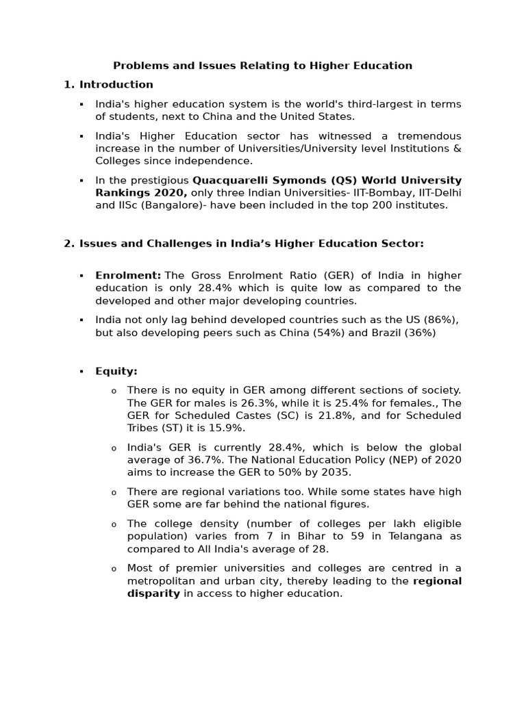 Problems and Issues Relating To Higher Education | PDF