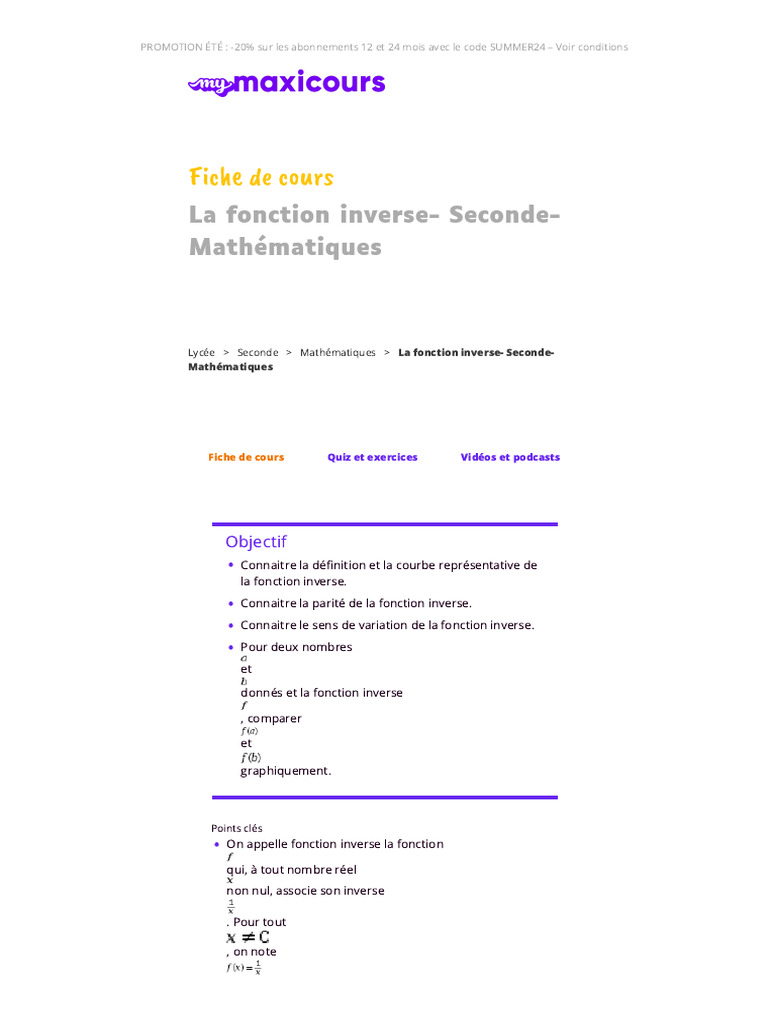 Cours La Fonction Inverse - Seconde - Mathématiques - Mymaxicours | PDF ...