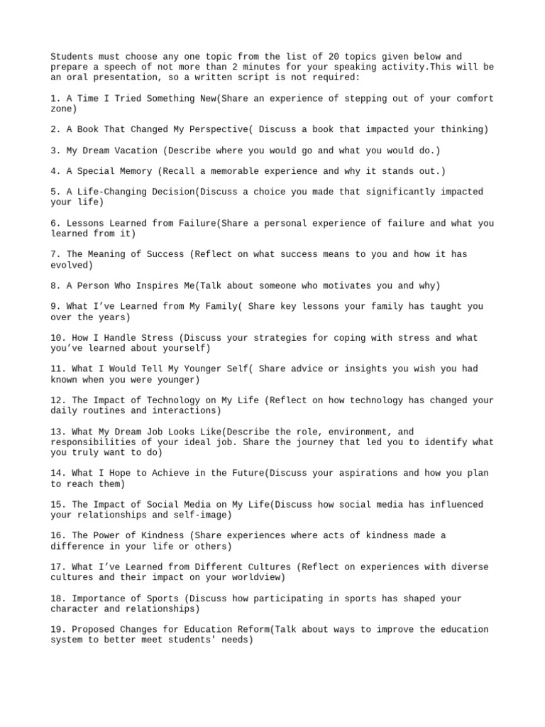 20 Engaging Speech Topics for Students | PDF