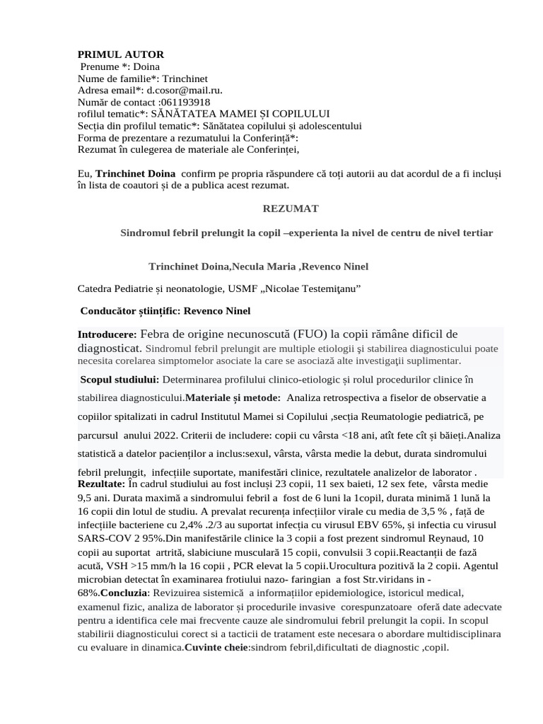 Sindromul Febril Prelungit La Copil - Docx Abstract - Docx Rev 1 | PDF