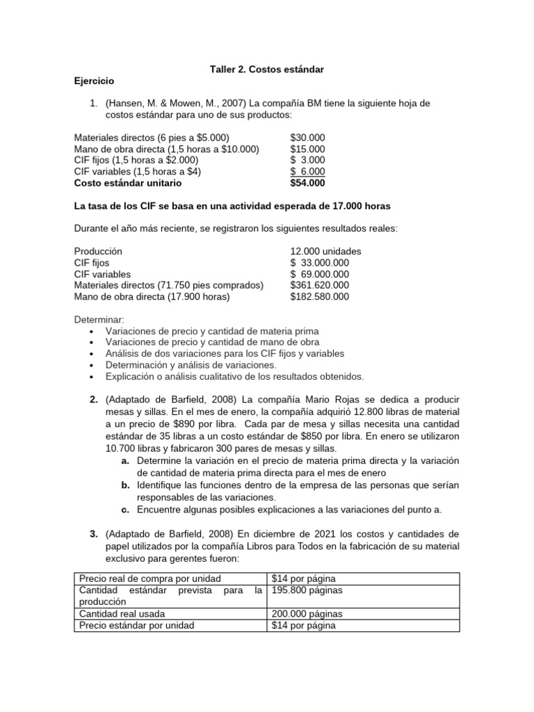 Taller 2 Costos Estándar Pdf