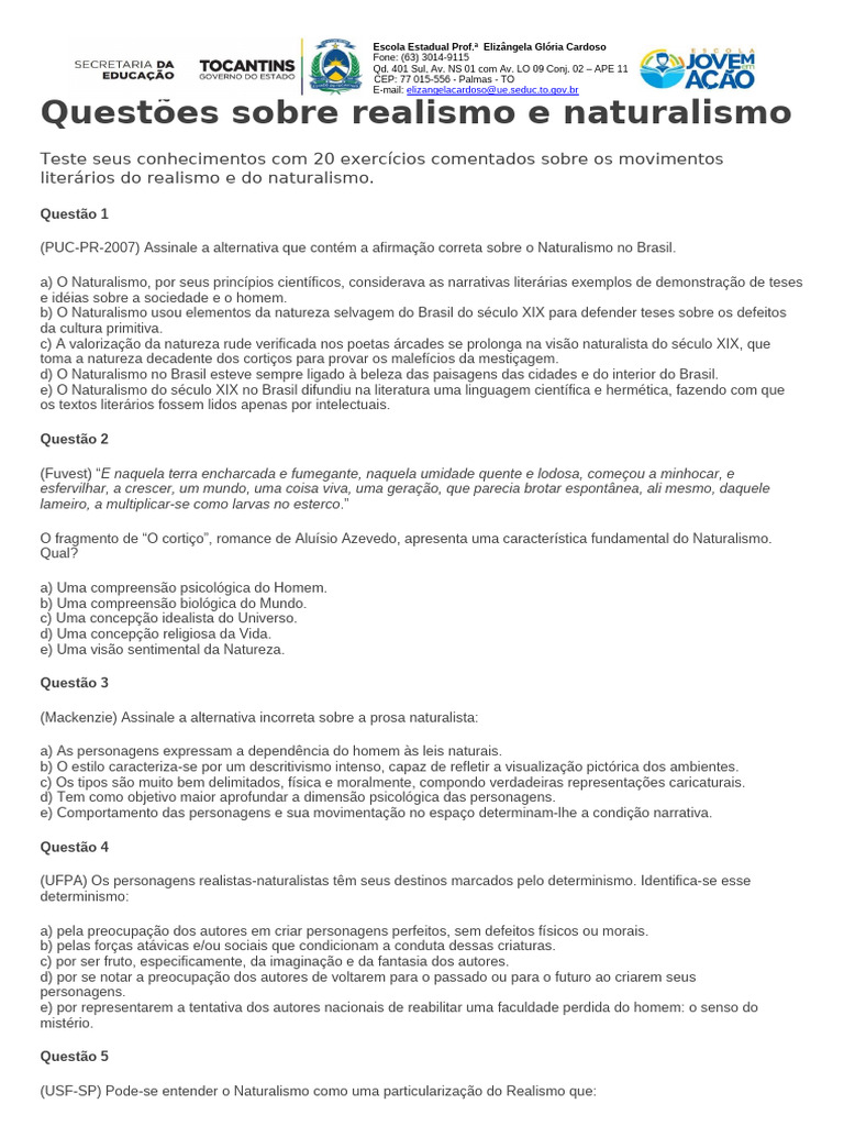 Exercícios sobre Realismo e Naturalismo | PDF | Realismo (artes) | Arte