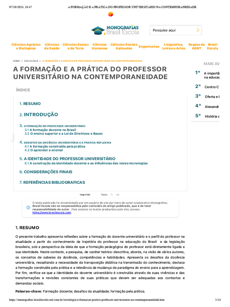 A Formação e A Prática Do Professor Universitário Na Contemporaneidade ...