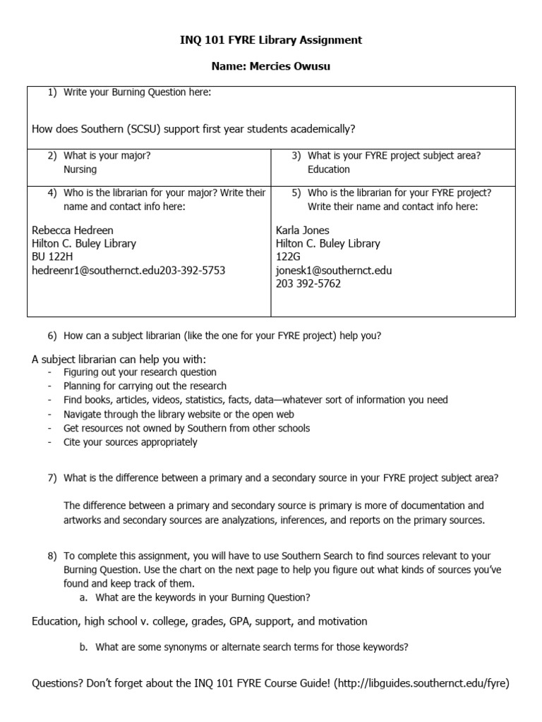 INQ 101 FYRE Library Assignment | PDF