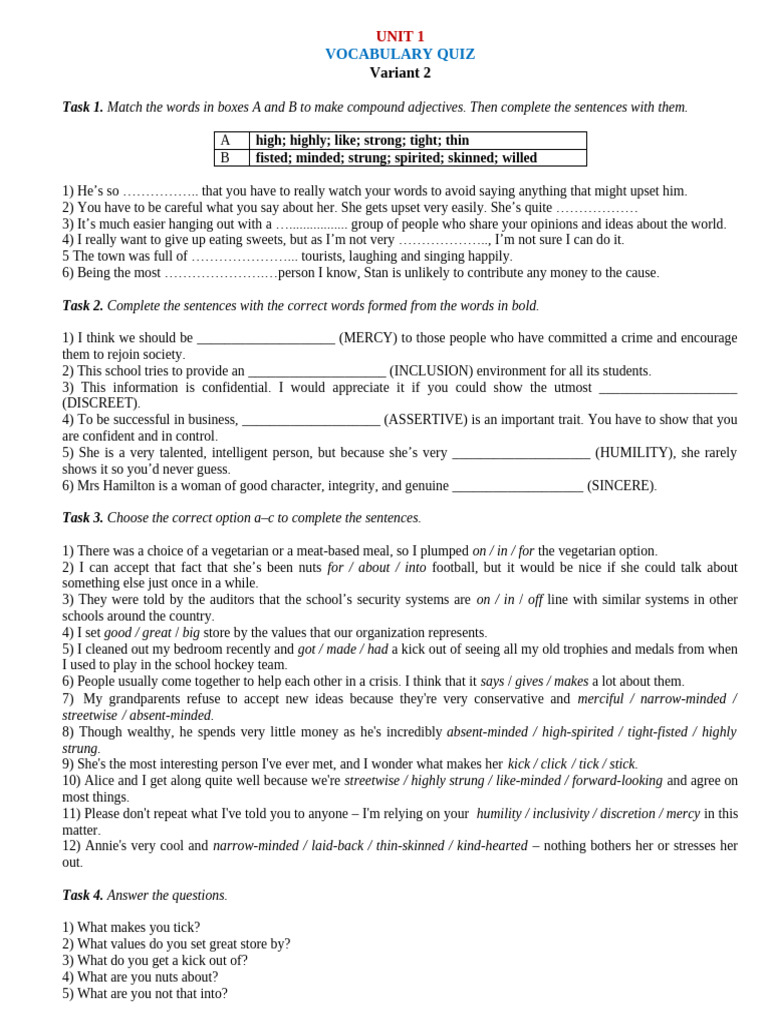 V-2 - Unit 1 - Vocabulary Quiz | PDF