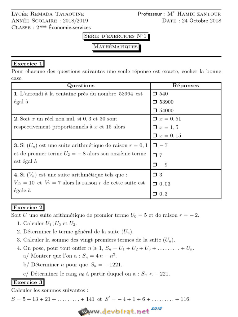 Série D'exercices N°1 - Math - Proportion-Suites Arithmétiques - 2ème ...