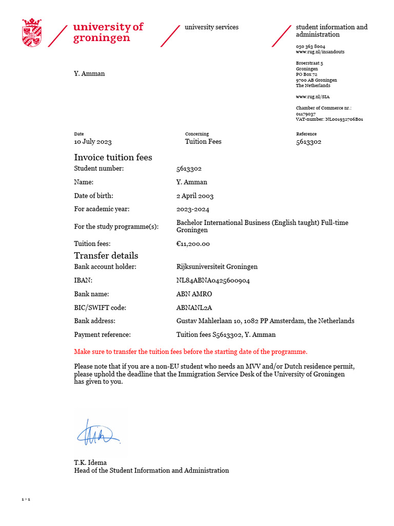 Invoice Tuition Fees | PDF