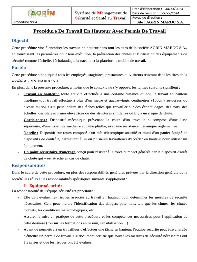 Procédure de Travail en Hauteur HSE | PDF | Sécurité | Technologie et ...