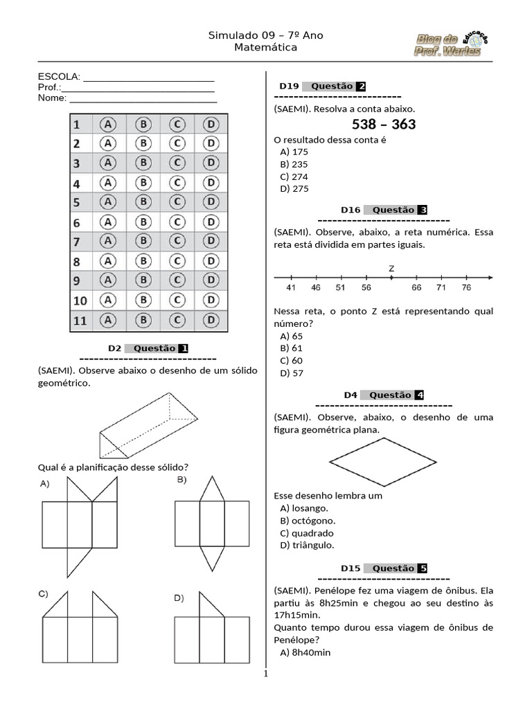 Simulado de Matemática 7º Ano SAEMI | PDF | Matemática | Geometria