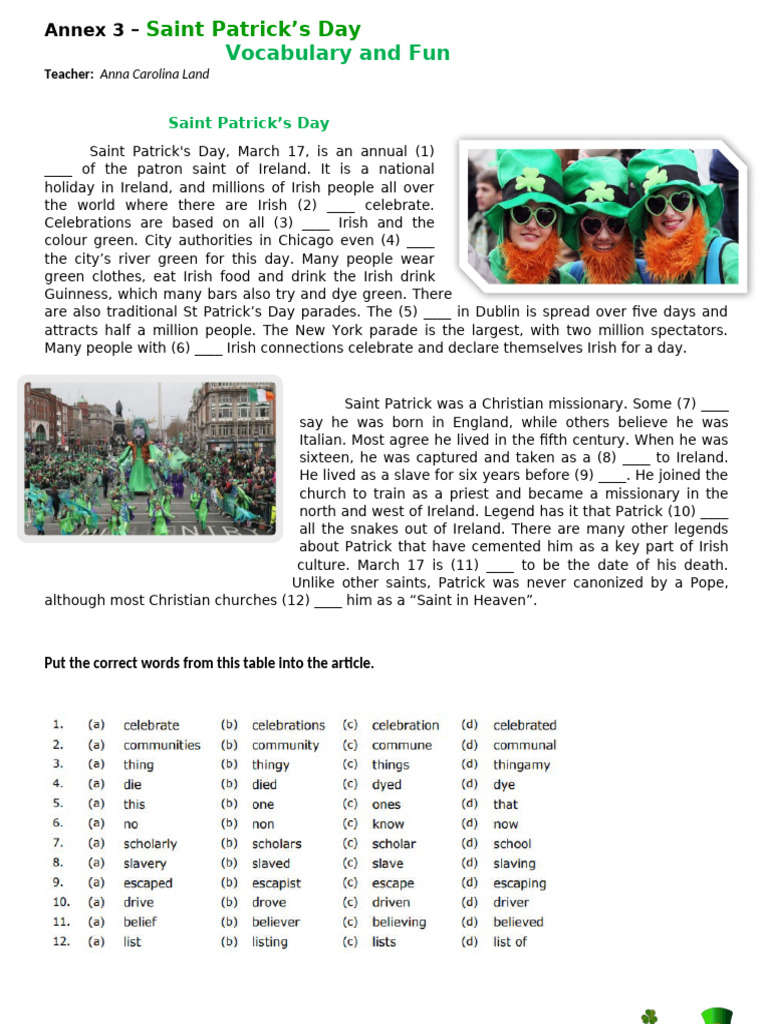 Saint Patrick's Day Vocabulary Guide | PDF | Saint Patrick | Social Science