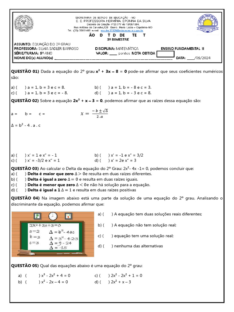 3º Bimestre 9º Avaliação Adaptada de Matemática PDF | PDF | Equações |  Equação quadrática