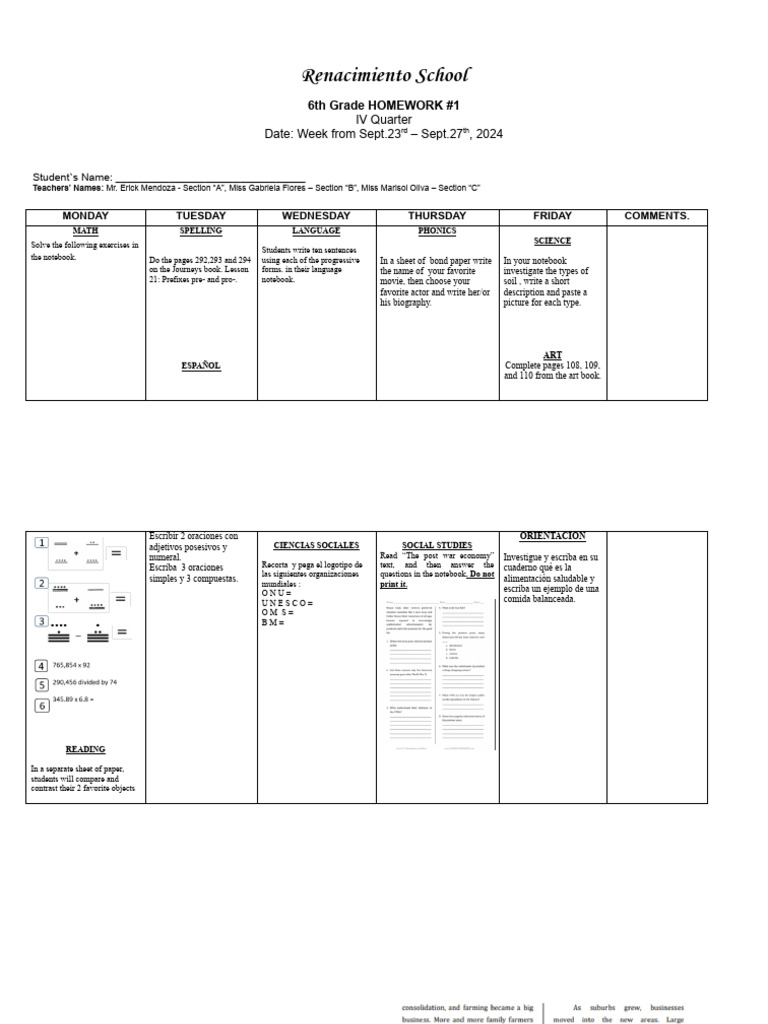 6th grade homework sheet 1 IV Q 2024 | PDF