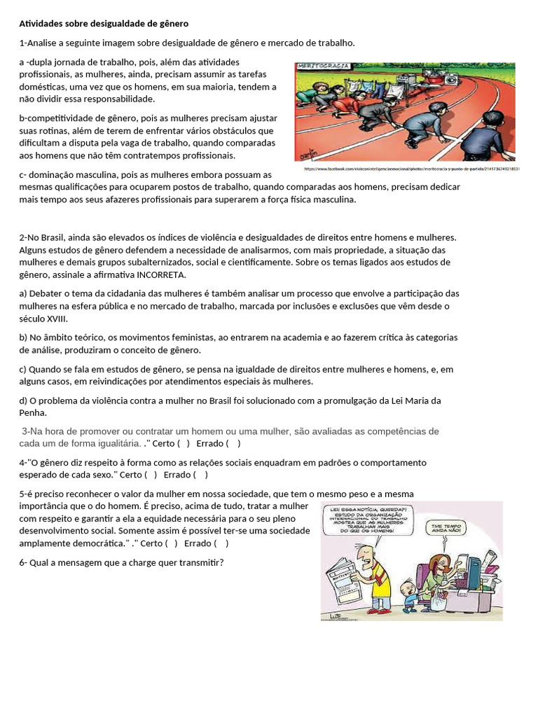 Atividades Sobre Desigualdade de Gênero | PDF