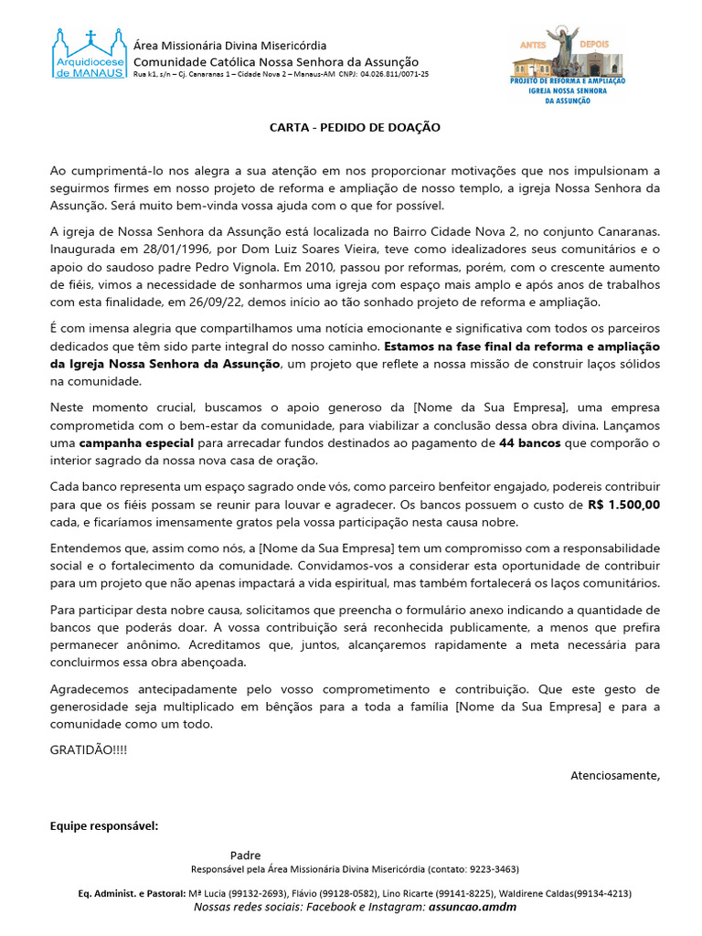 Carta para Pedido de Doação para Bancos Da Igreja N Sra Da Assuncao ...