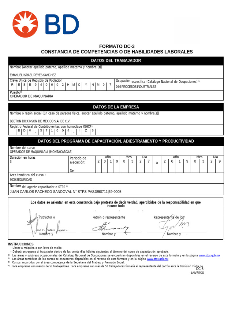 Formato DC 3 Stps | PDF