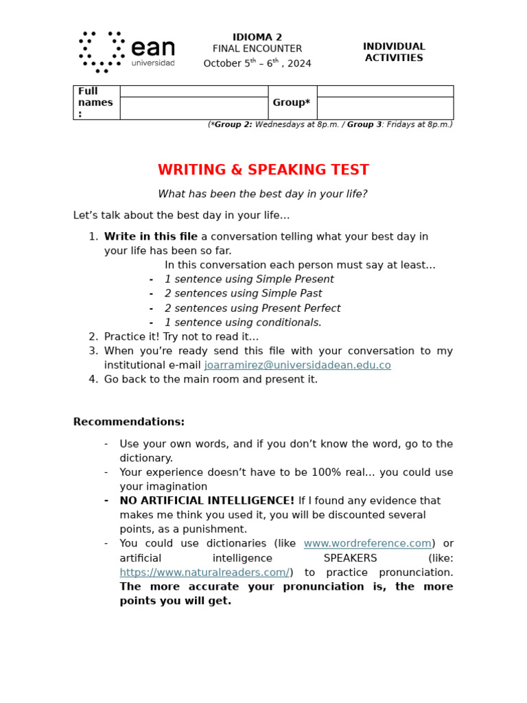 Best Day Conversation Writing Activity | PDF | Linguistics | Career ...