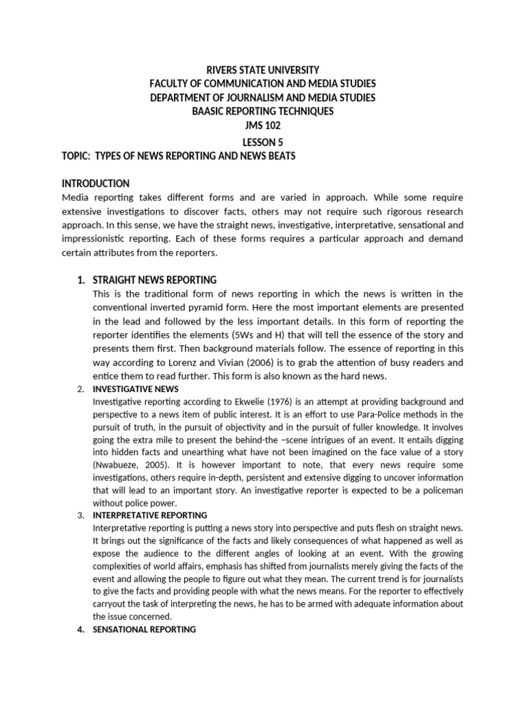 Lesson 5 Types of News Reporting and News Beats | PDF