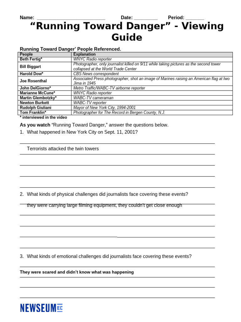 Worksheet Running Toward Danger Viewing Guide | PDF
