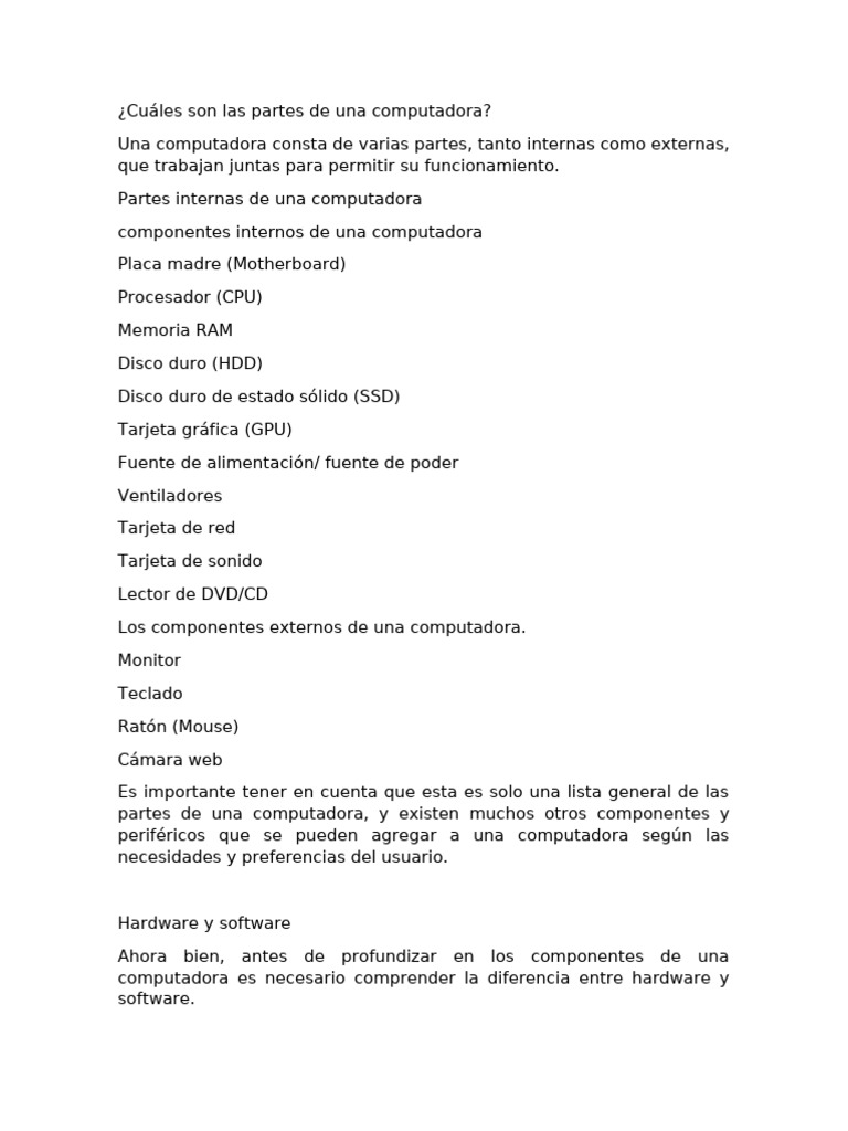 Partes de Una Computadora | PDF | Hardware de la computadora | Unidad ...