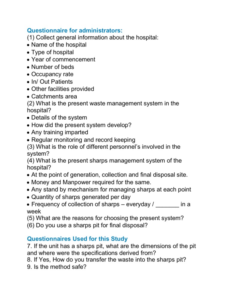 Questionnaire for bio medical waste management in the hospitals Waste