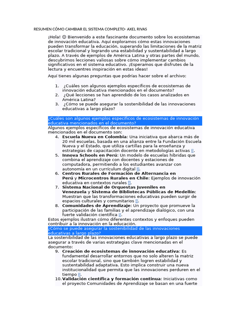 Resumen Cómo Cambiar El Sistema Completo - Axel Rivas | PDF | Enseñando ...