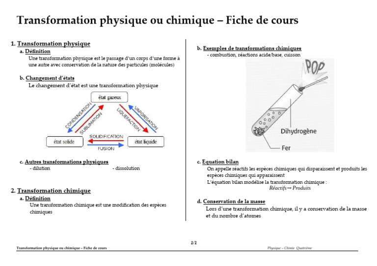 Transformation Physique Chimique Fiche Cours | PDF