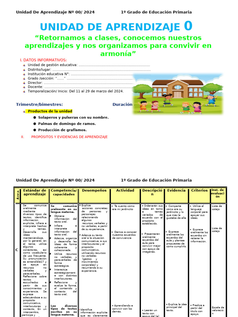 1 Grado Unidad de Aprendizaje 0 2024 | PDF