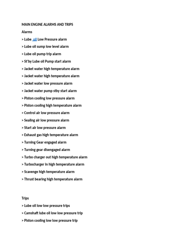 Main Engine Alarms and Trips | PDF