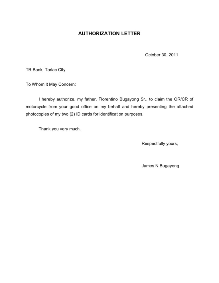 Authorization Letter (Motor Vehicle)