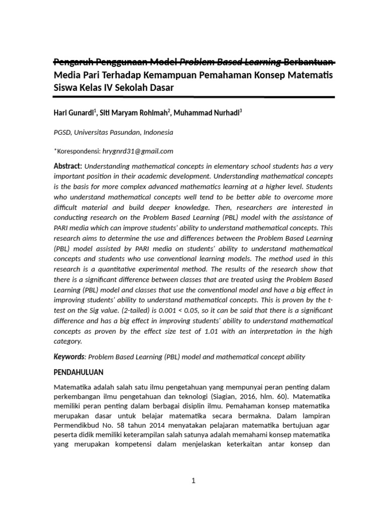 Pengaruh Penggunaan Model Problem Based Learning Berbantuan Media PARI ...