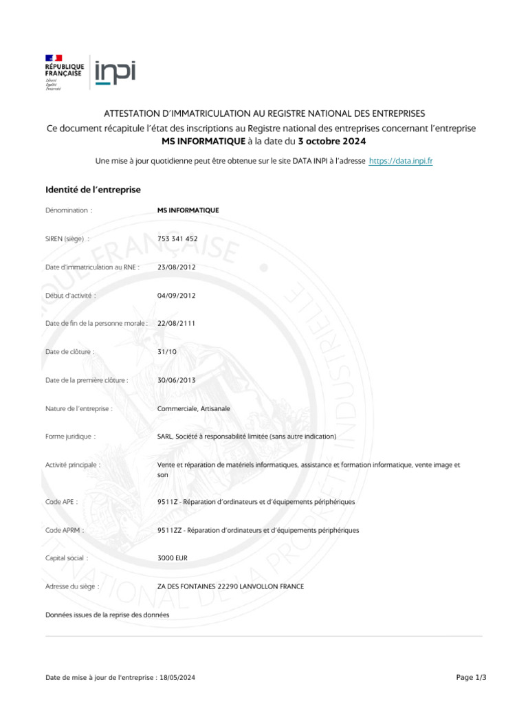 MS INFORMATIQUE - Extrait INPI | PDF