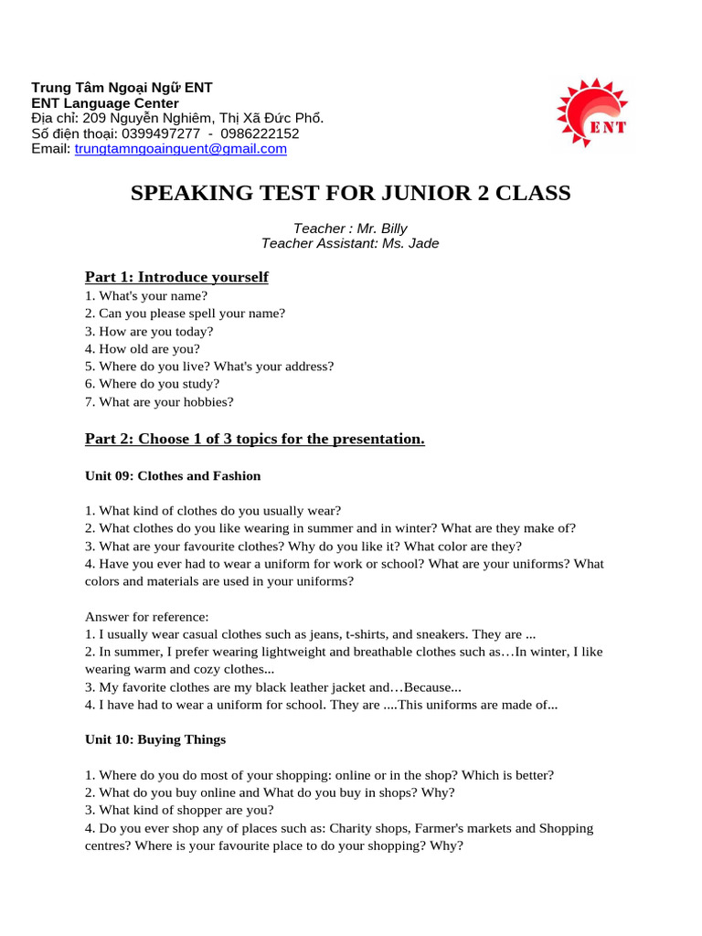 ENT - Unit 13.14 - SPEAKING TEST FOR JUNIOR 2 - 17.03.2024 | PDF