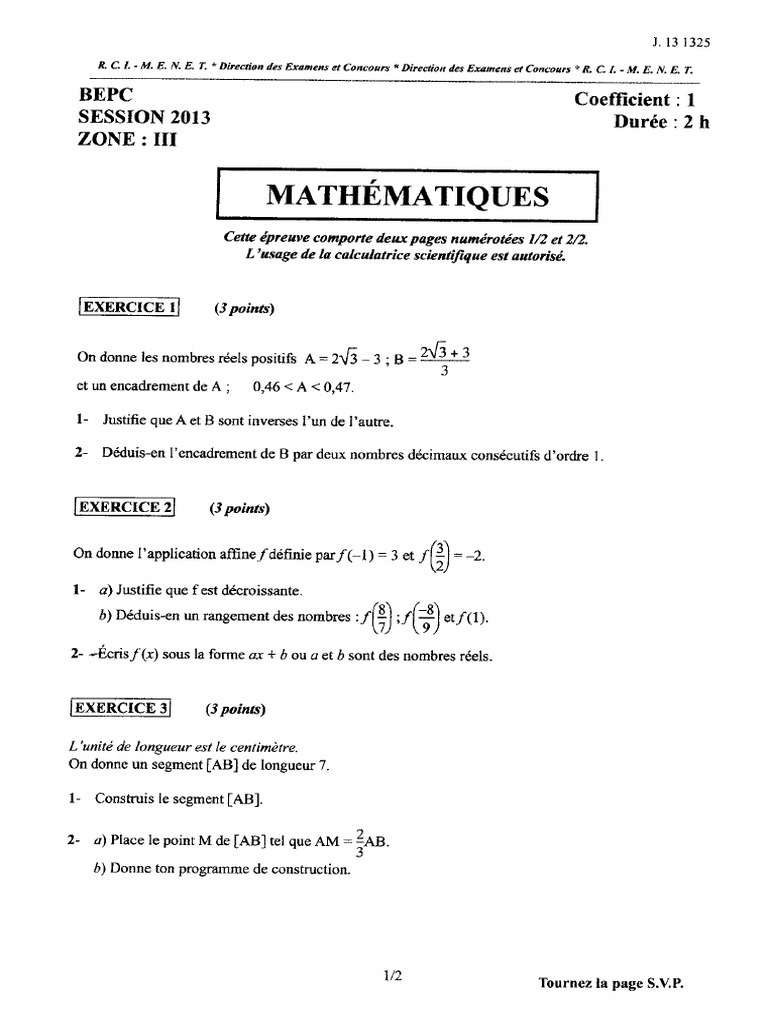 Bepc Z3 Math 2013 | PDF