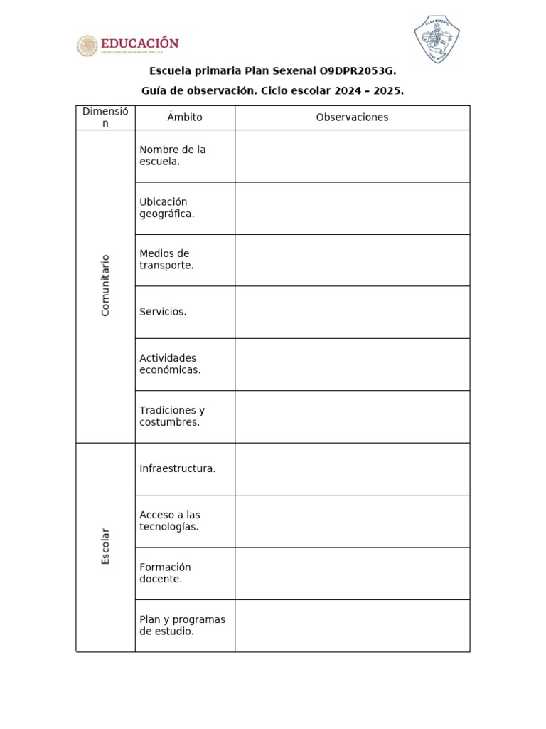 Guía de Observación Plan Sexenal Corregido | PDF | Escuelas | Educación