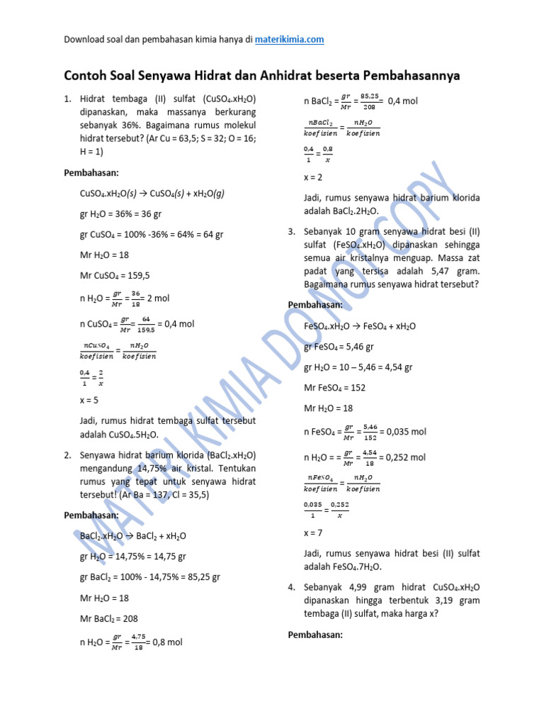 6 Contoh Soal Senyawa Hidrat Dan Anhidrat Beserta Pembahasannya | PDF